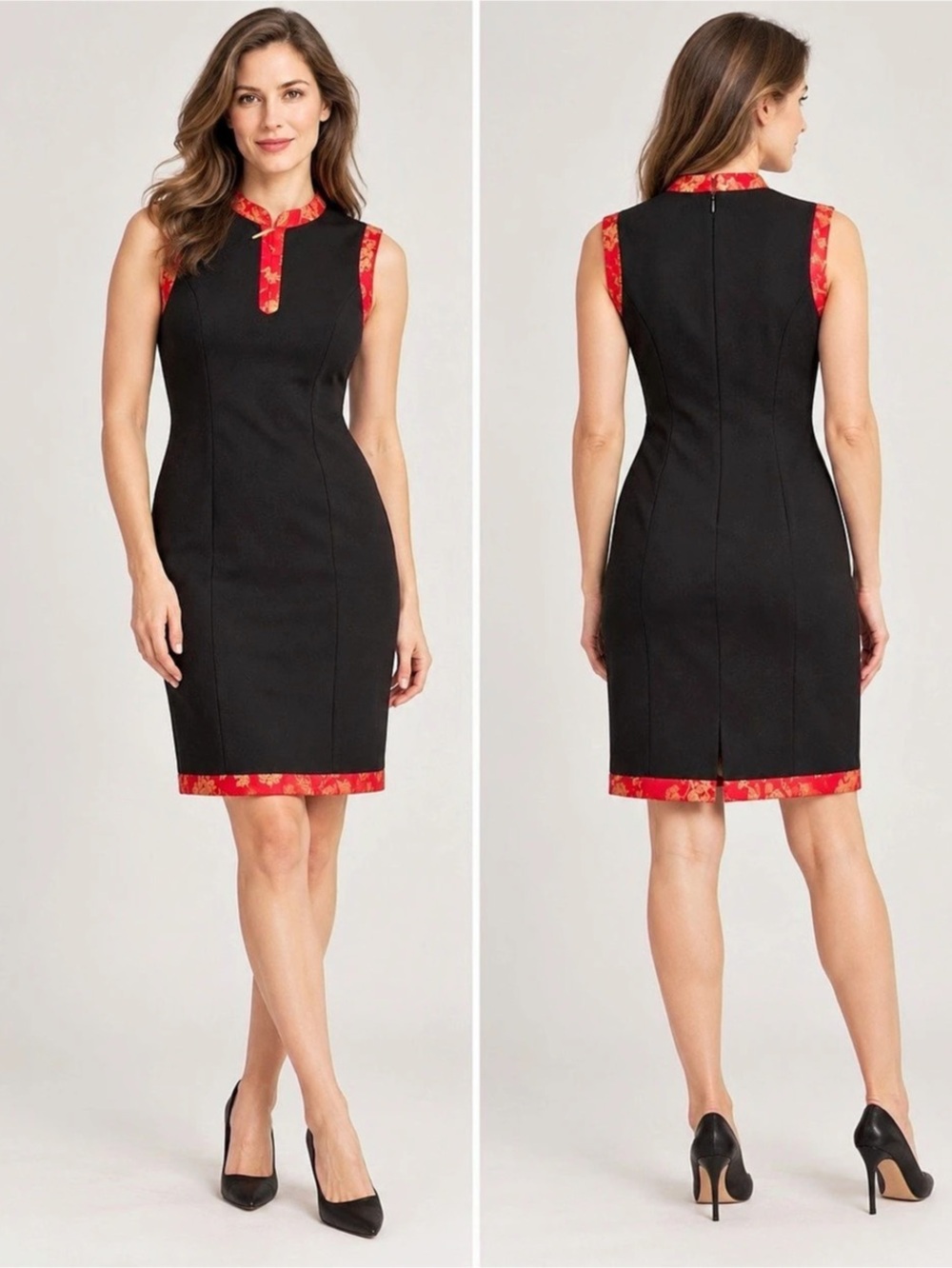 Kenar Petite Black Red Gold Asian Brocade Trim Sheath Dress Size 6